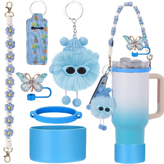 Stanley Cup Pendant Small Coal Ball Elf Plush Pendant Net Red Butterfly Straw Hat Cup Sleeve Cup Chain Accessories