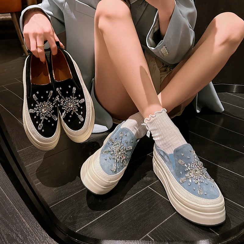 Thick-soled Platform Slip-on Loafers Frosted Sheepskin Casual Shoes Spring And Autumn Rhinestone High-heeled Shoes For Women