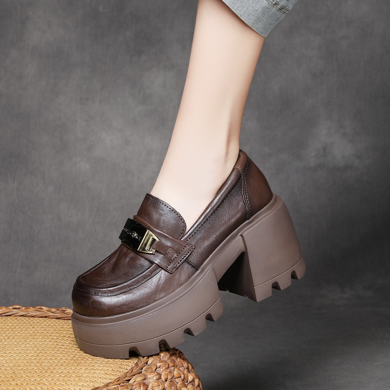 Jishu Hand-grabbed Cowhide High-heeled Shoes Genuine Leather Thick-soled Thick-heeled Loafers Lazy Small Shoes