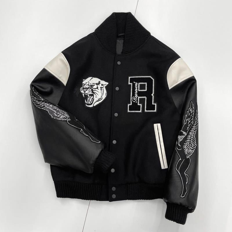 High Street REPRESENTTiger Head Embroidered Baseball Jacket For Men Woolen Leather Sleeves Spliced Lapel Jacket
