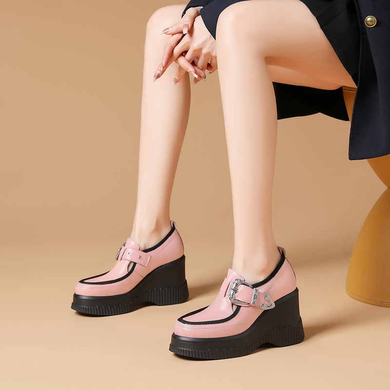 10cm Wedge Heel Thick-soled Single Shoes For Women Genuine Leather Lazy Platform Shoes Spring Small Size Super High Heel Leather Shoes
