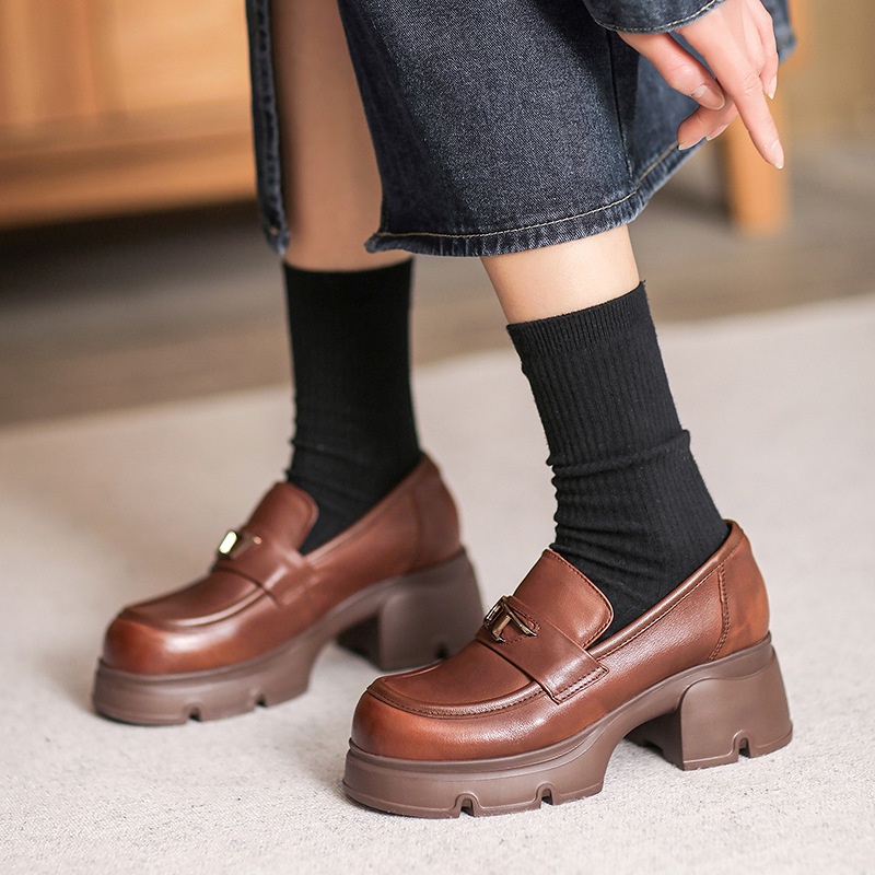 Spring And Autumn Thick-soled Light-soled Casual Loafers Mid-heel Single Shoes JKShoes One-step British Style Genuine Leather Shoes