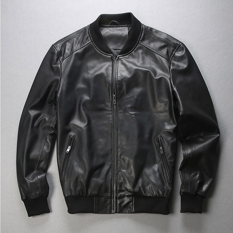 Youth Spring And Autumn Baseball Jacket Men's Genuine Leather Sheepskin Leather Jacket Stand Collar Slim Short Casual Leather Jacket
