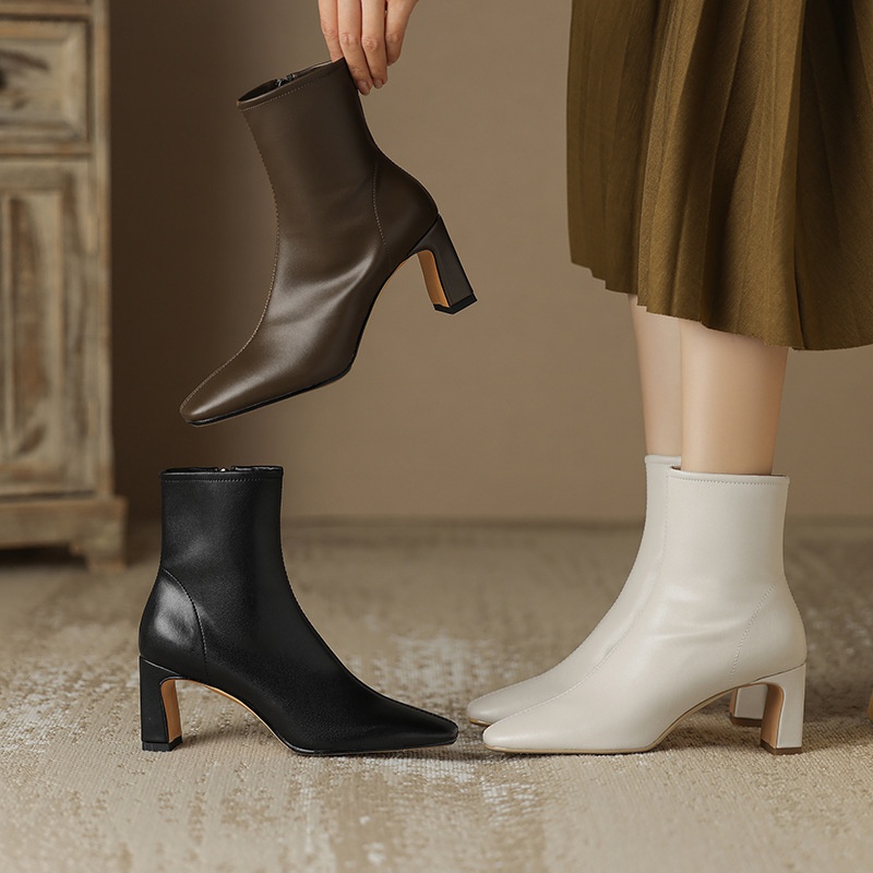 Autumn And Winter Square Toe Martin Boots Women's High Heel Short Boots Square Heel Single Boots Retro Brown Leather Women's Boots