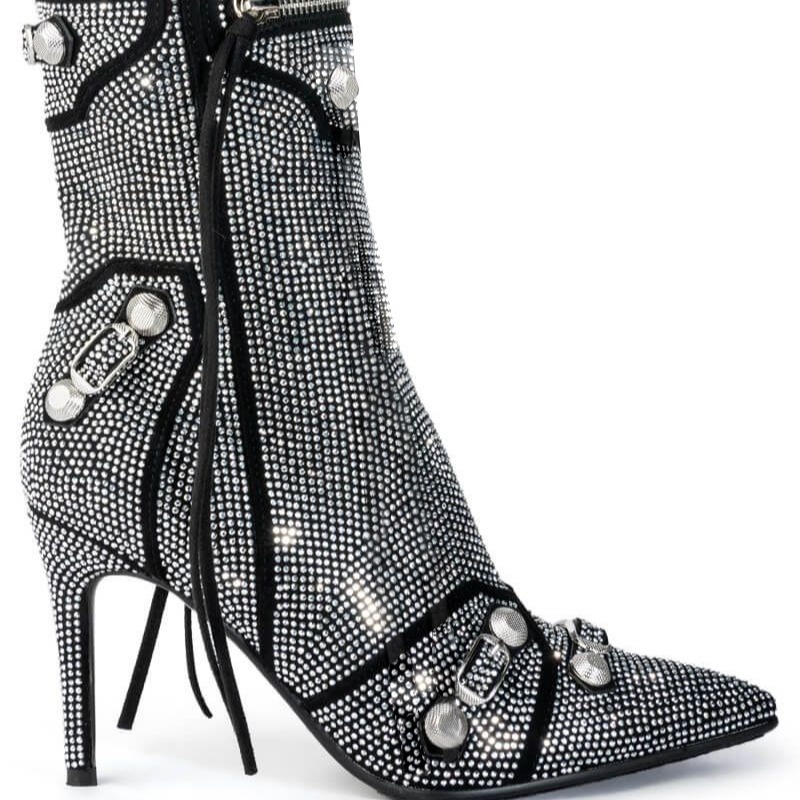 Pointed Stilettos Super High Heels Side Zipper Rivet Pin Buckle Rhinestone Large Size Short Boots High Heels