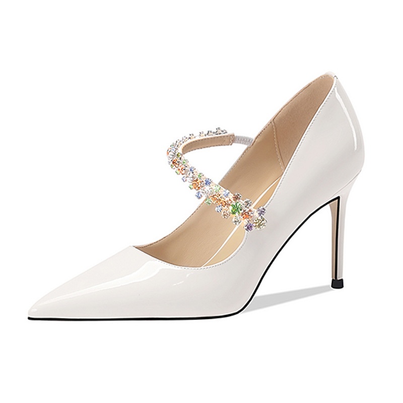 Spring And Summer Women's Shoes Pointed Toe Stiletto High Heels Metal Rhinestone Fashion Commuter Shoes Cow Patent Leather Single Shoes