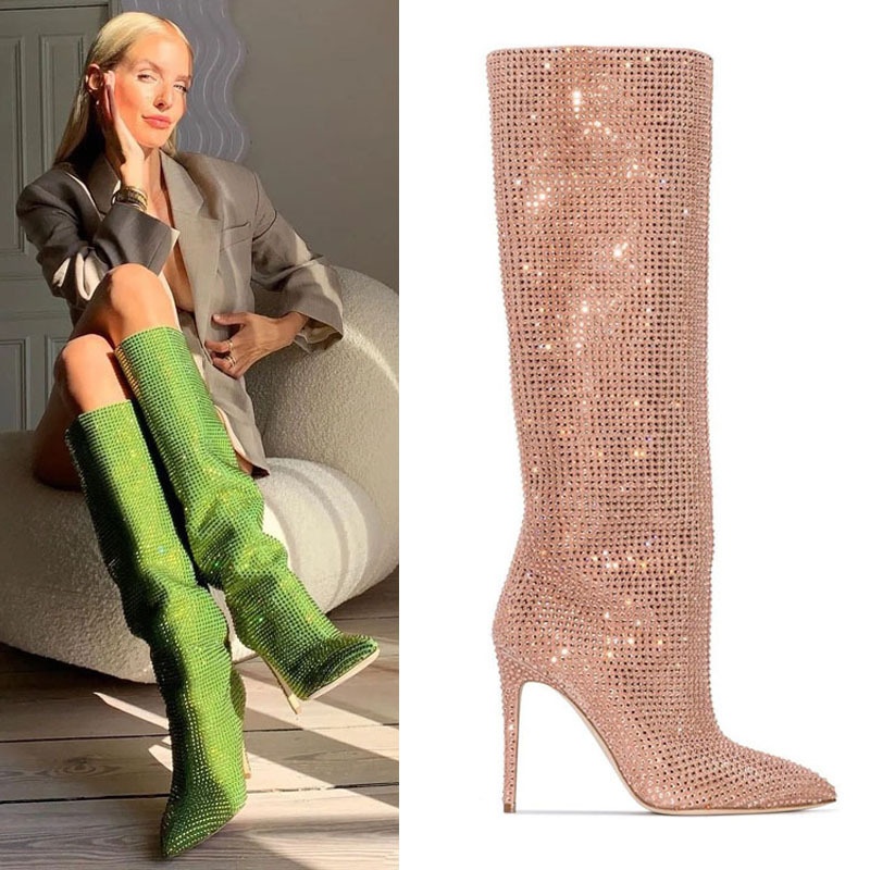 Starry Rhinestone Pointed Stiletto Super High Heel Knee-high Boots Large Size Catwalk Women's Boots