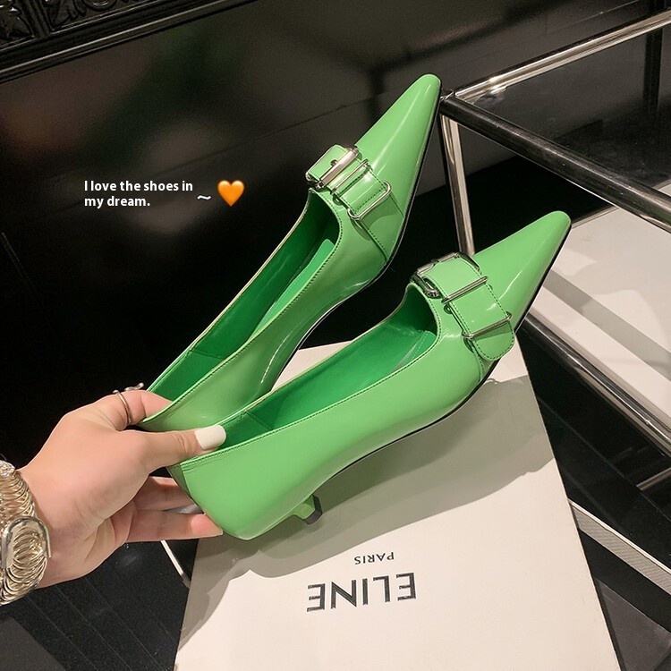 The Color Of Spring~Early Spring Full Leather Pointed Toe Small Single Shoes Korean Version Of One-strap Slim Mary Jane Shoes