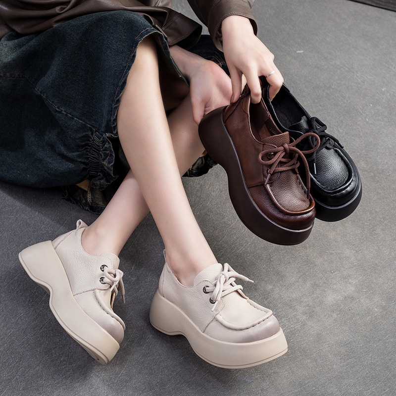 Shanghai Jiechu Spring Retro Solid Color Casual Thick-soled Single Shoes With Front Laces Fashionable And Versatiley Women's Shoes