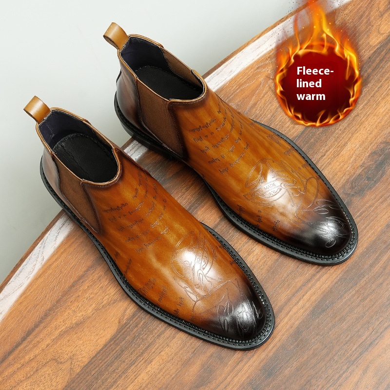 High-top Leather Shoes For Men In Winter With Velvet Genuine Leather British Carved Business Casual Chelsea Boots Pointed Warm Martin Boots