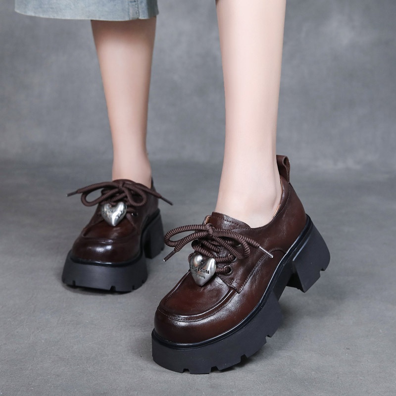 Jishu Hand-grabbed Top Layer Cowhide Lace-up Love Shoes Genuine Leather Thick Sole Thick Heel Light Luxury Small Size Women's Shoes