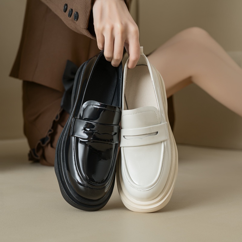 Light Sole Loafers For Women British Style White Thick Sole Small Leather Shoes Versatile Thick Heels Deep Mouth Patent Leather Shoes