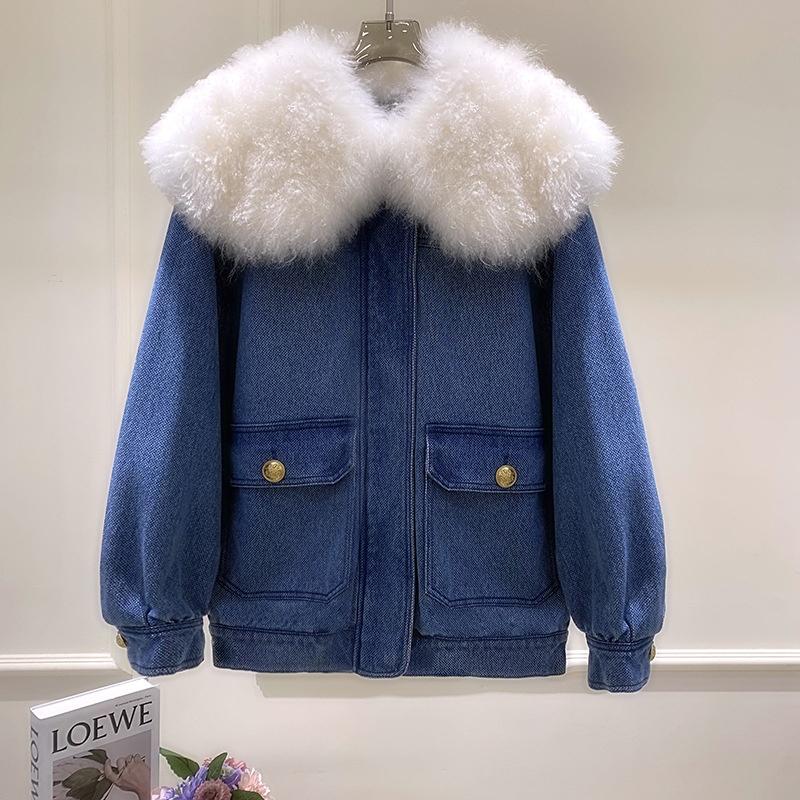 Autumn And Winter Women's Fashion Fur Collar Loose Washed Large Lapel Quilted Blue Denim Short Jacket Top