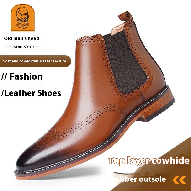 Old Man Head Chelsea Boots Men's Winter Genuine Leather Martin Boots British Style Retro Short Boots Mid-cut Leather Shoes Men's Cigarette Boots