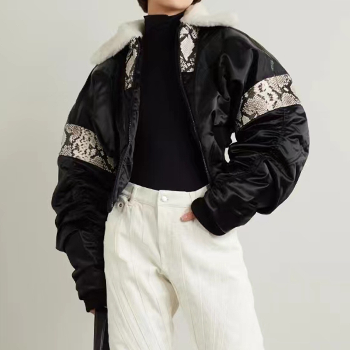 Nanyou Women's Clothing Muller Patchwork Design Corset Style Waist Bubble Long Sleeve Jacket Coat