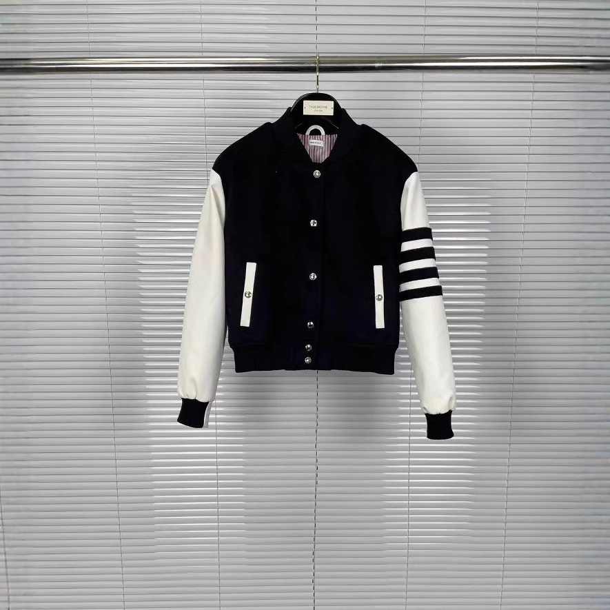 Autumn And Winter Tb Wool And Leather Black Baseball Jacket Coat Female High-end Quality
