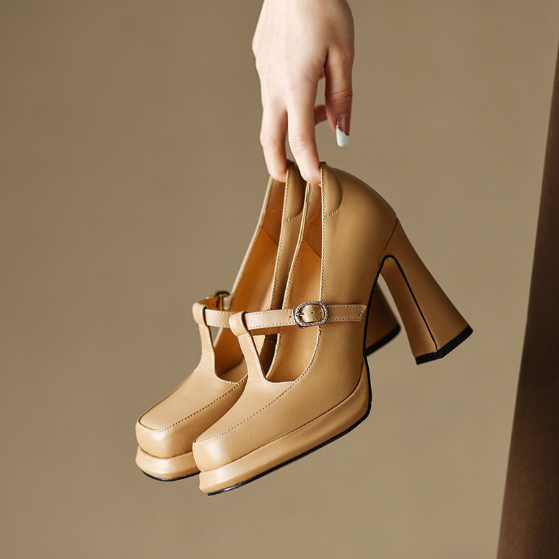 10cm High Heels French Retro T-buckle Shoes For Women Women's Shoes Square Toe Thick Heel Mary Jane Shoes