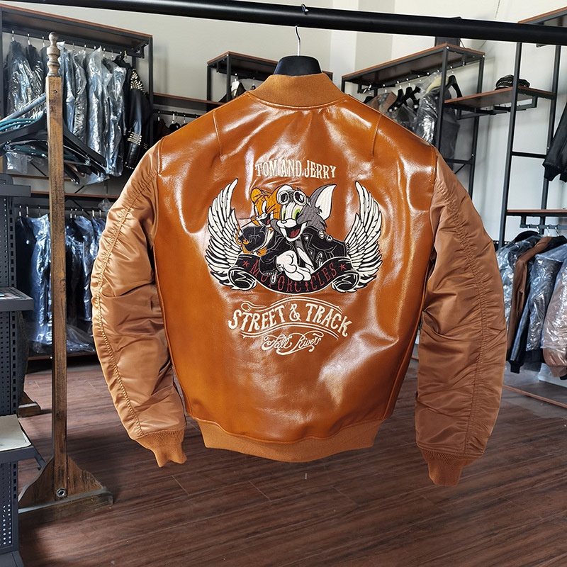 Cartoon Sports Casual Leather Baseball Jacket Plus Size Stand Collar Waxed Cowhide Jacket