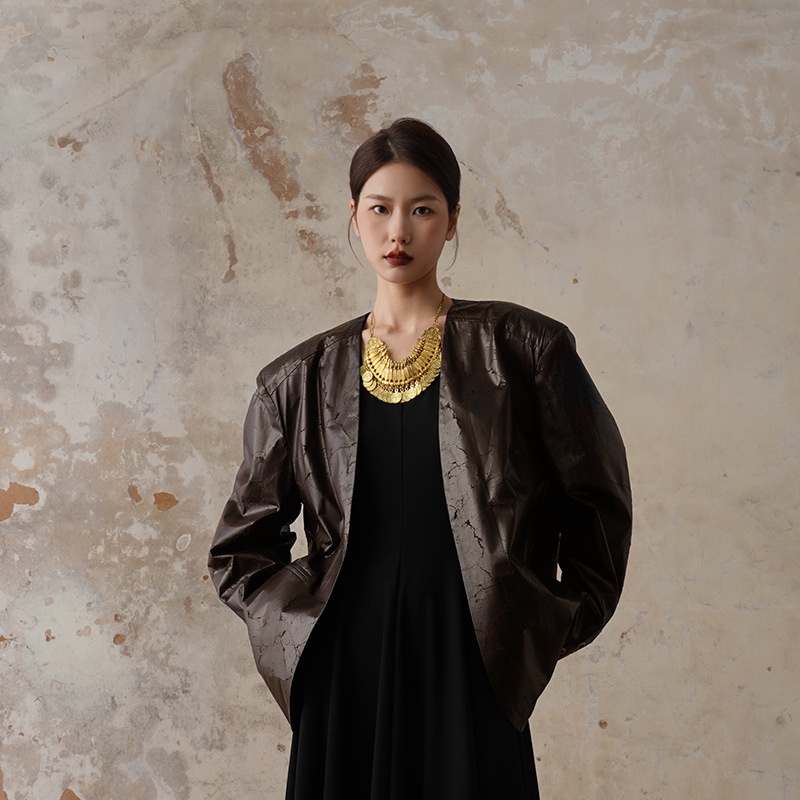 Jacket High-grade Pu Leather Coat Simple Fashion Collarless Casual Loose Versatile Top