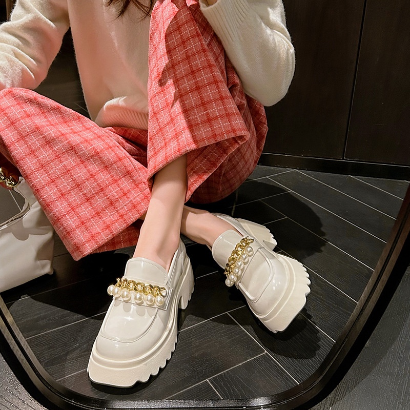 Spring Pearl Chain Deep Mouth High Heel Single Shoes Round Toe Thick Bottom Cowhide Mary Jane Loafers Women
