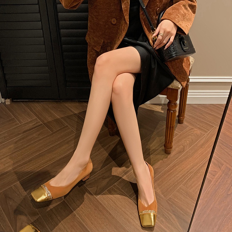 Fashion Square Head Rhinestone Thick Heel Color Matching High Heels For Women Spring Style Temperament Shallow Mouth Medium Heel Single Shoes