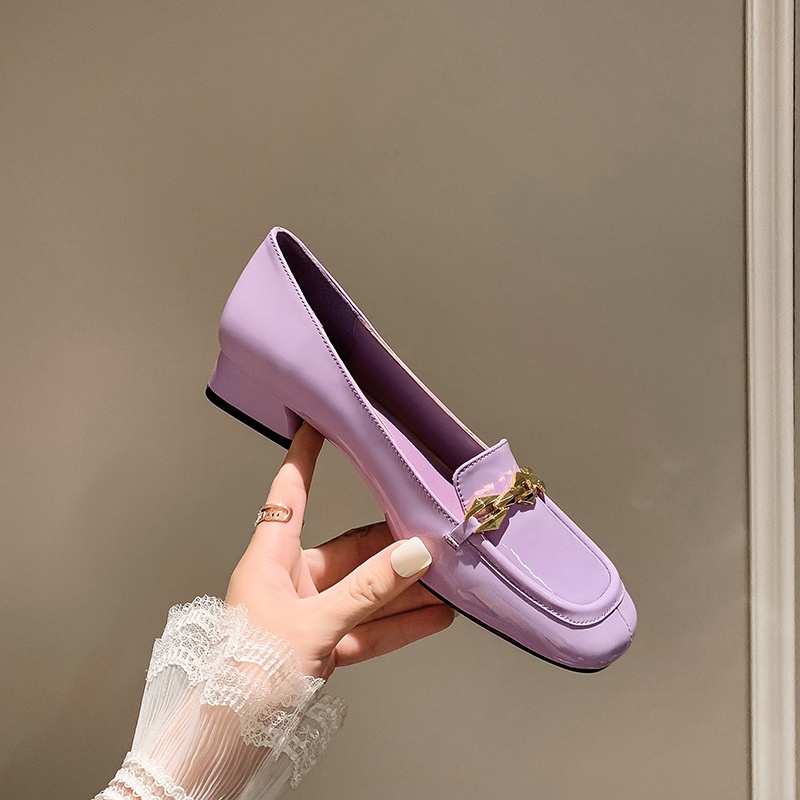 Giant Purple Shallow-mouth Single Shoes For Women Small Fragrance Style Metal Chain Thick Heel Cowhide Square Head Commuter Women's Shoes