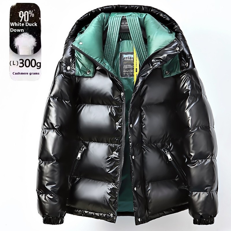 European Shiny Down Jacket Men's Short Wintery Couple Hooded Thick Warm Jacket