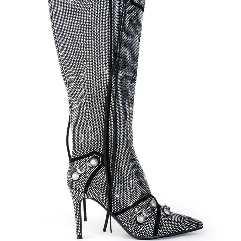 Pointed Toe Stilettos Super High Heels Side Zipper Rivet Pin Buckle Rhinestone Large Size Knee-high Boots High Heels