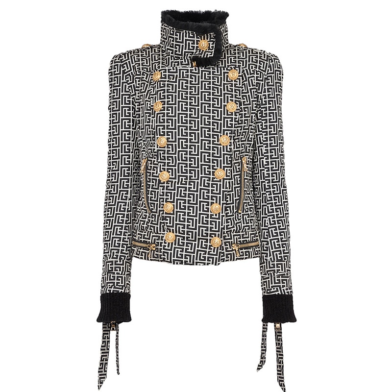 Winter Down Jacket European And American Fashion Maze Print Double-breasted Fur Collar Cotton Cotton Jacket