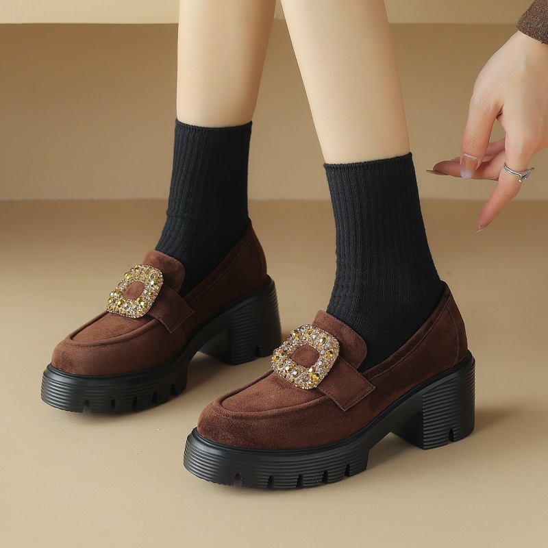 Spring Sheep Flip Leather Thick Sole Loafers Rhinestone Square Buckle High Heels Waterproof Platform Plus Velvet Deep Mouth Single Shoes Women