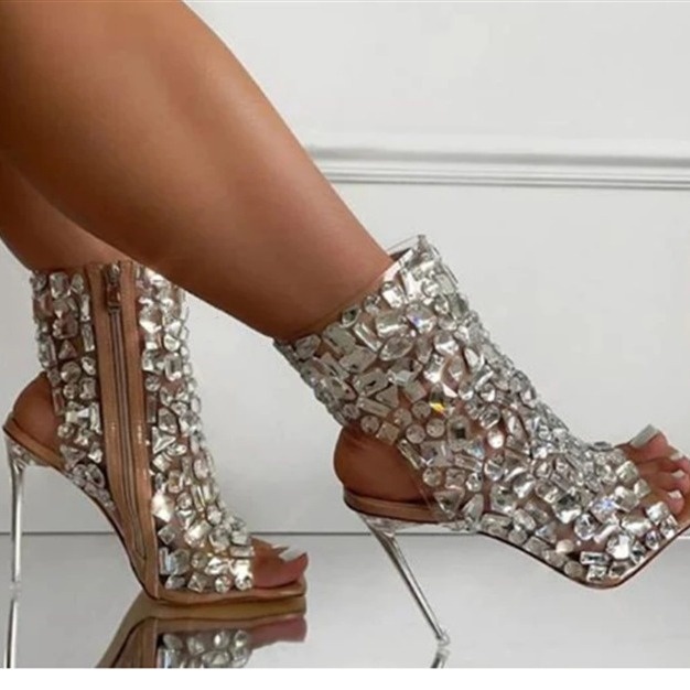 Spring Foreign Trade European And American Fashion Rivet Transparent Stiletto Square Head Zipper Super High Heel Large Size Sandals