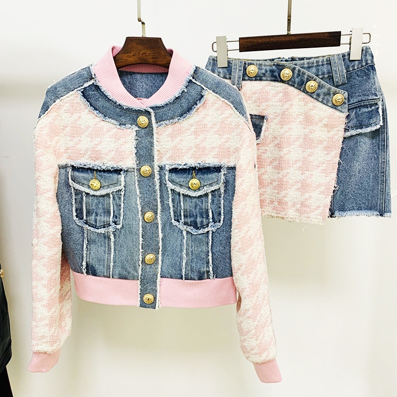 Houndstooth Denim Stitching Loose Edge Baseball Jacket Coat