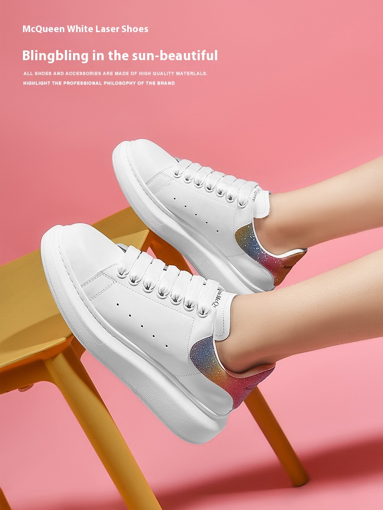 Mc Queen White Shoes For Women Genuine Leather Autumn Thick Sole Height-enhancing Women's Shoes Winter Colorful All-match Laser