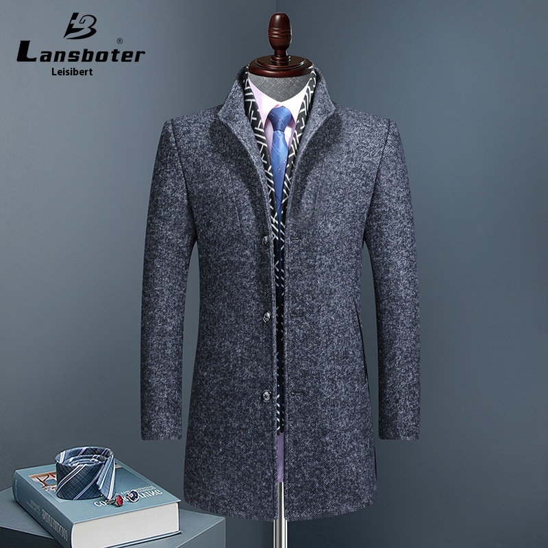 Winter Wool Tweed Coat Men Thick Medium Long Scarf Collar Men's Business Windbreaker Coat