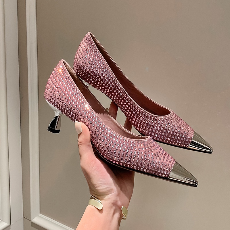 Pink Rhinestone Metal Pointed Leather Shoes Temperament Celebrity High Heels Shallow Mouth Stiletto French Women's Shoes