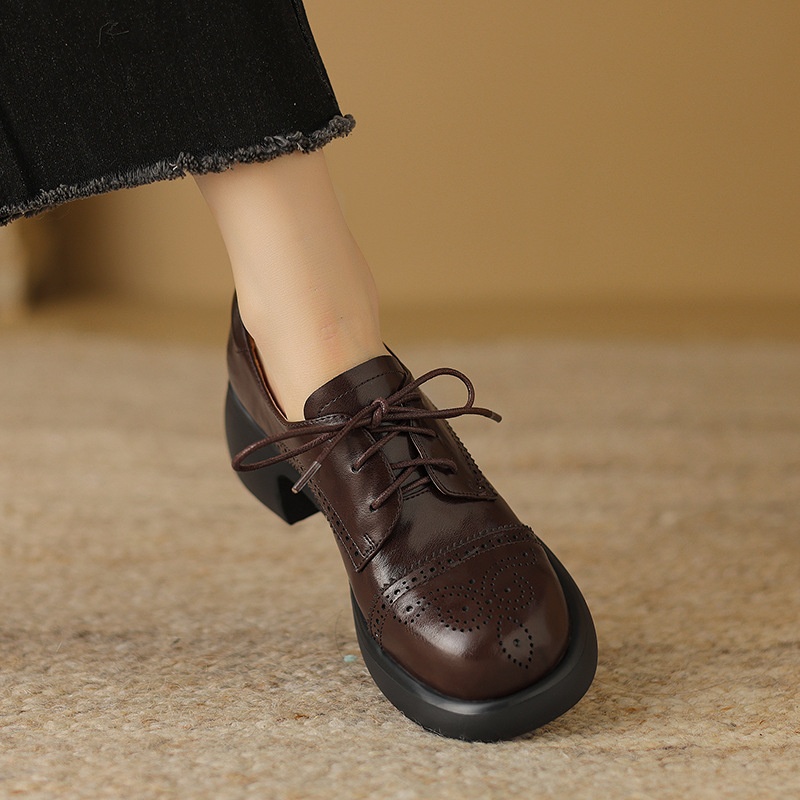 British Style Thick-soled Lace-up Leather Shoes For Women,Round Toe,Deep-mouthed Thick-heeled Oxford Shoes,Retro Carved Brogues