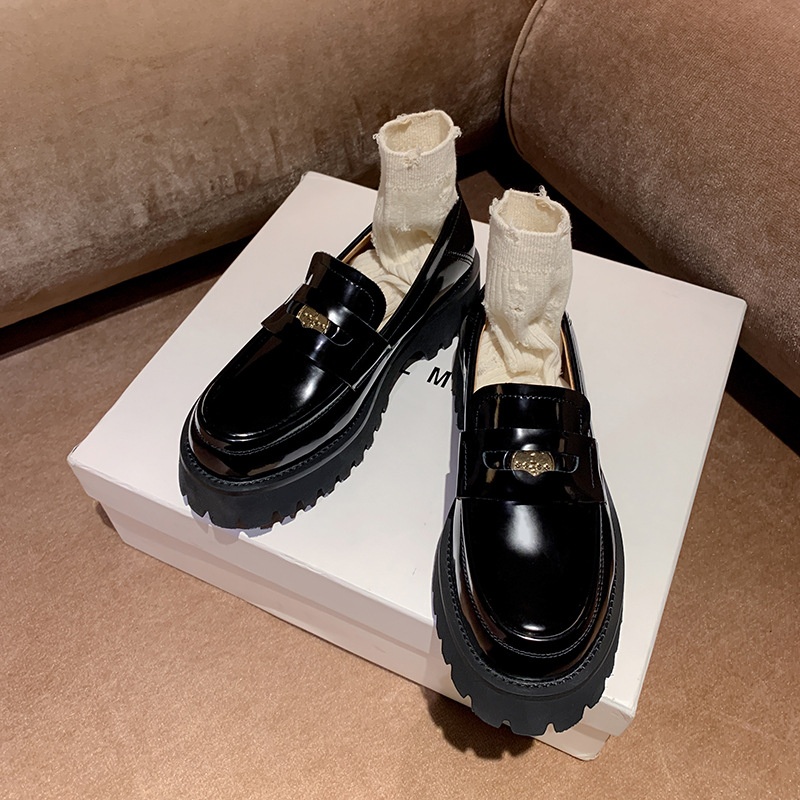 Bi备厚底单鞋秋夏头层牛皮一脚蹬懒人鞋松糕金币乐福鞋女