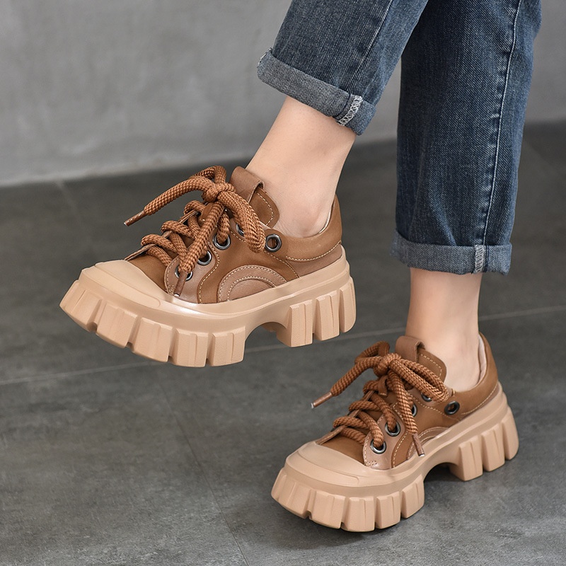Waterproof Platform High Heel Shoes For Women Spring Retro Style Lace-up Thick-soled Shoes Genuine Leather Round-toed Casual Shoes For Women