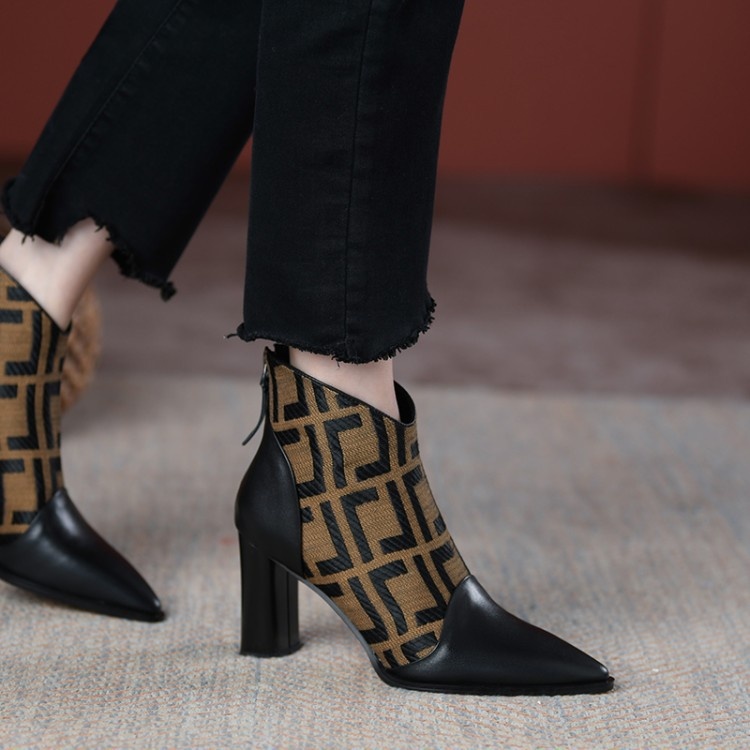 Mid-heel Pointed Toe Genuine Leather Women's Boots5cm Thick Heel8cm High Heel Plaid Leather Short Boots Fashionable Autumn And Winter Style Color Matching