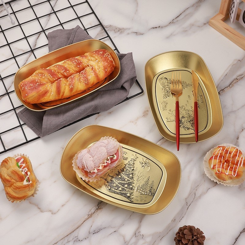 European Style Gold Retro Iron Plate Dried Fruit Bread Storage Boat-shaped Fruit Plate Antique Metal Snack Iron Small Tray Batch