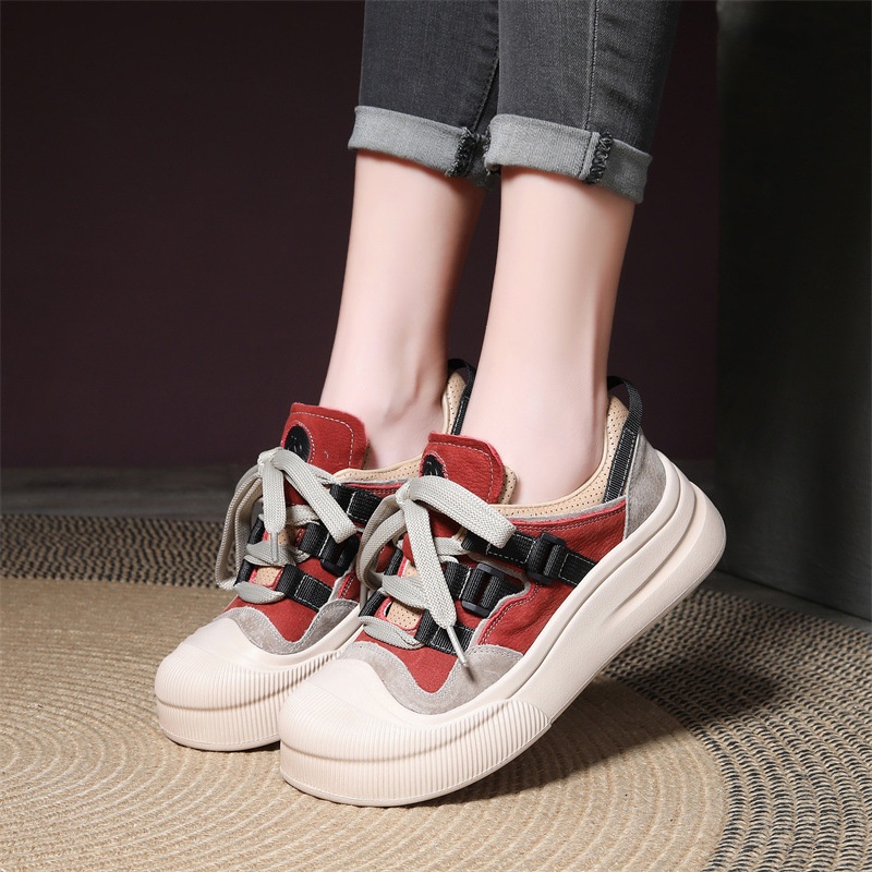 Delphinium First Layer Cowhide Spring And Summer Color Matching Single Shoes For Women Genuine Leather British Style Retro Thick Bottom Low Top Women's Shoes