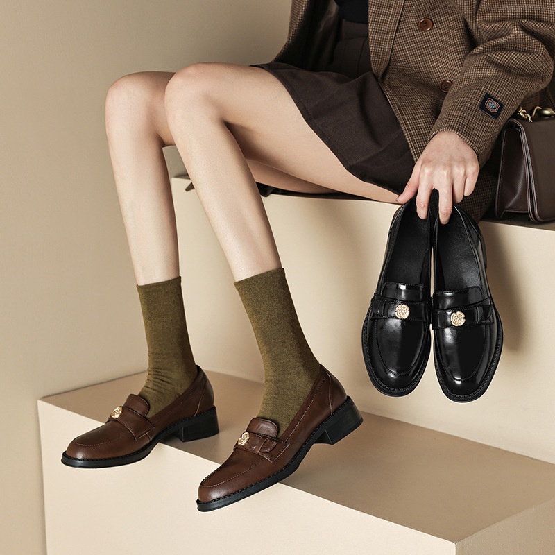 Autumn Round Toe Loafers Women's Mid-heel Shoes Thick Heel Single Shoes Retro Brown Leather Women's Shoes