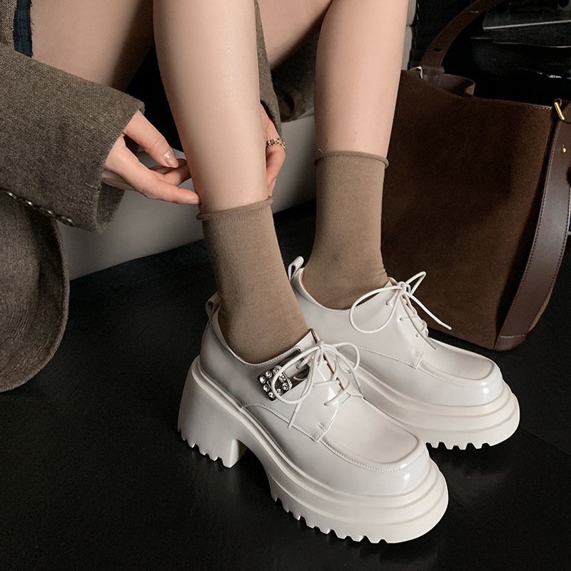 Spring And Autumn Small High Heels Cowhide Thick Bottom Small Leather Shoes Rhinestone Buckle Waterproof Platform Thick Heel Single Shoes For Women