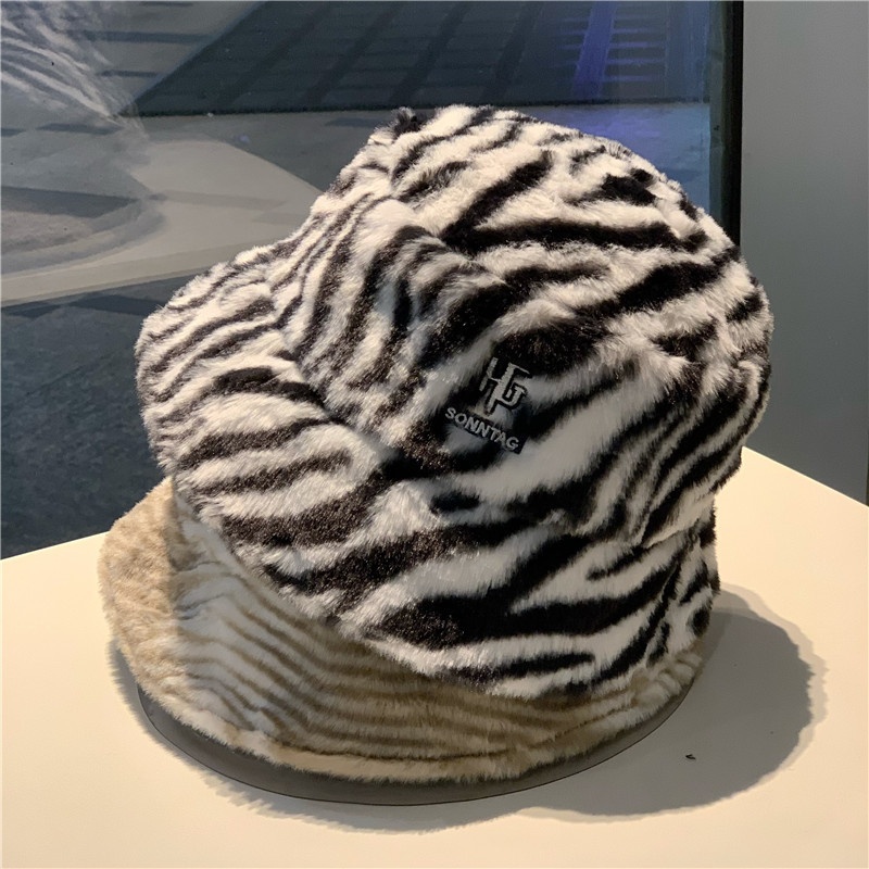 Zebra Striped Plush Fisherman Hat Women's Winter Thickening Warm Retro Fashion Korean Style All-match Embroidered Basin Hat