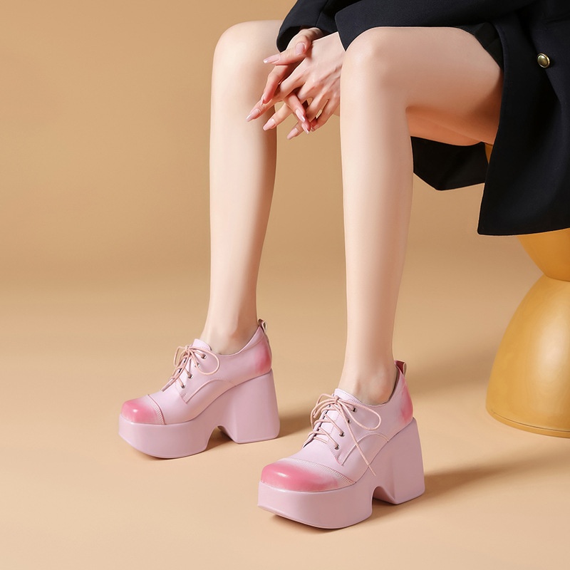 10cm High Heel Platform Shoes For Women Thick Sole Genuine Leather Lace-up Wedge Heel Single Shoes Spring High Heel Leather Shoes
