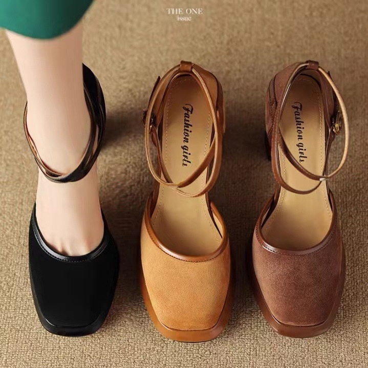 Fashionable Temperament Queen Fan Square Head Suede Thick Heel Ankle Strap Single Shoes Temperament High Heels