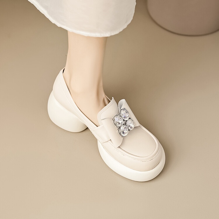 British Style Thick-soled Leather Shoes For Women Cowhide Platform Loafers Spring And Autumn Rhinestone High-heeled Thick-heeled Shoes