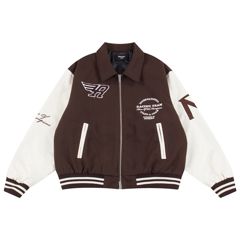 Represent Leather Sleeves Splicing Embroidery Zipper Lapel Jackets Baseball Uniform