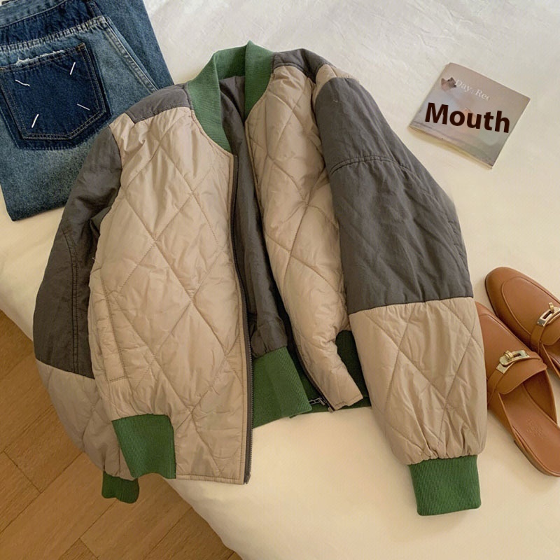 Hong Kong Style Retro Stitching Contrast Color Diamond Cotton Jacket Winter Small Short Cotton Baseball Jacket