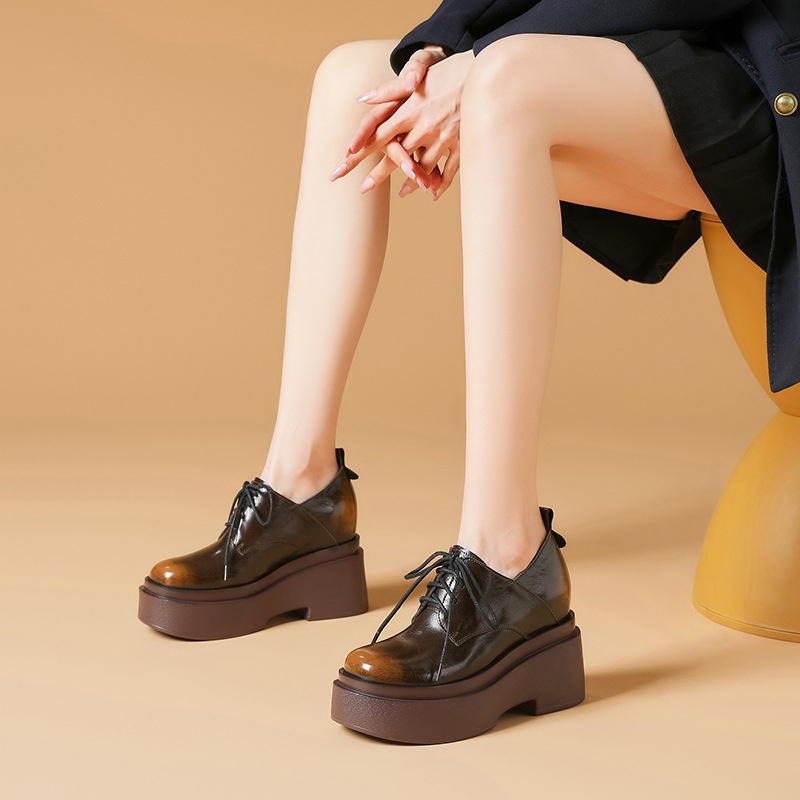10cm Height-enhancing Leather Shoes Spring British Retro Genuine Leather Shoes Small Thick-soled Shoes